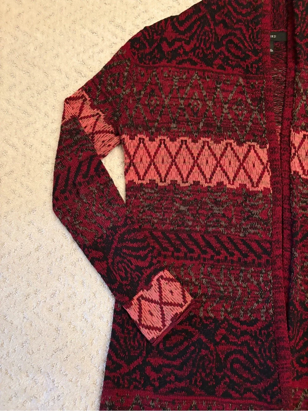 Forever 21 Long Cardigan Sweater Size Small Dark Burgundy Southwest Cotton